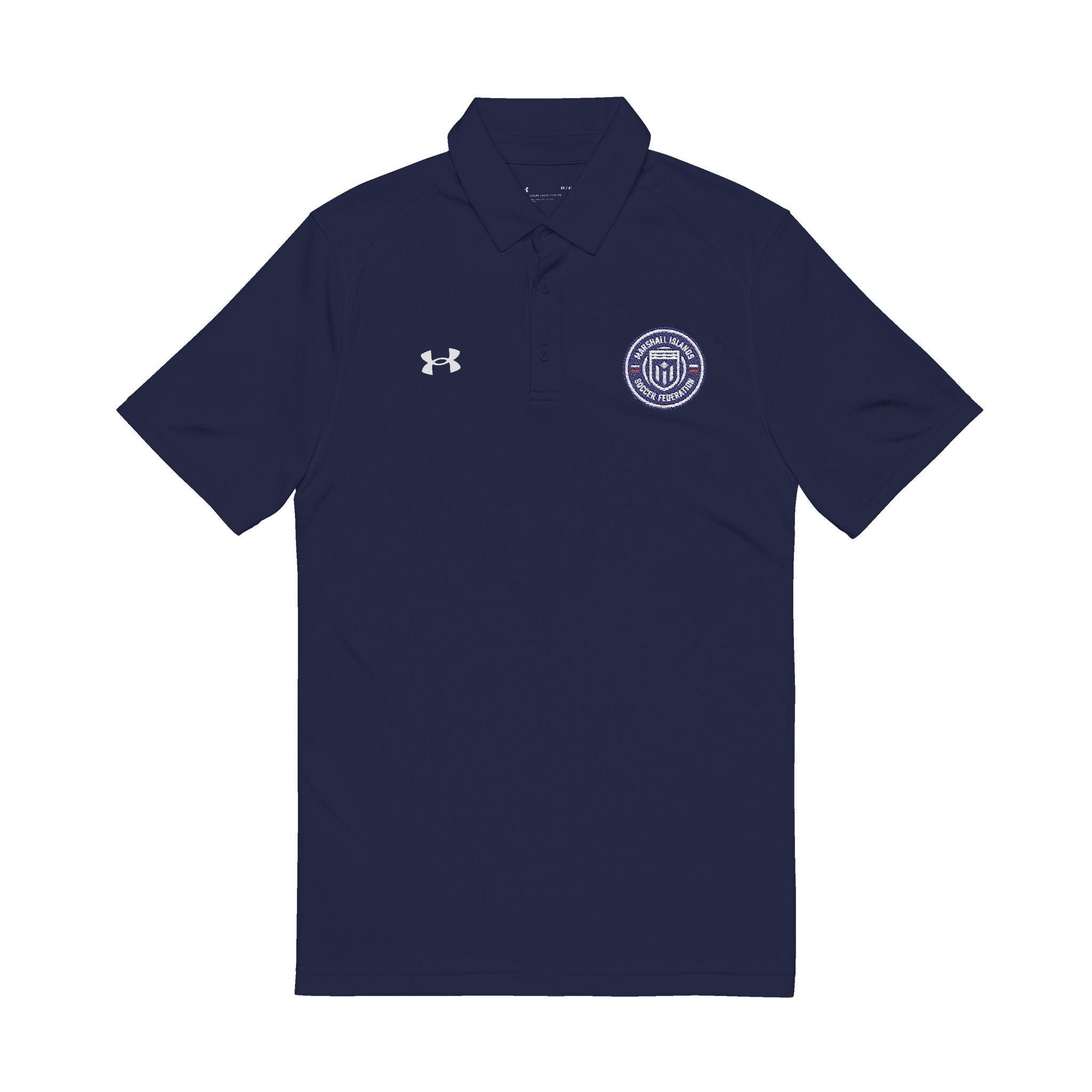 Embroidered White Performance Polo — Navy Circular Crest