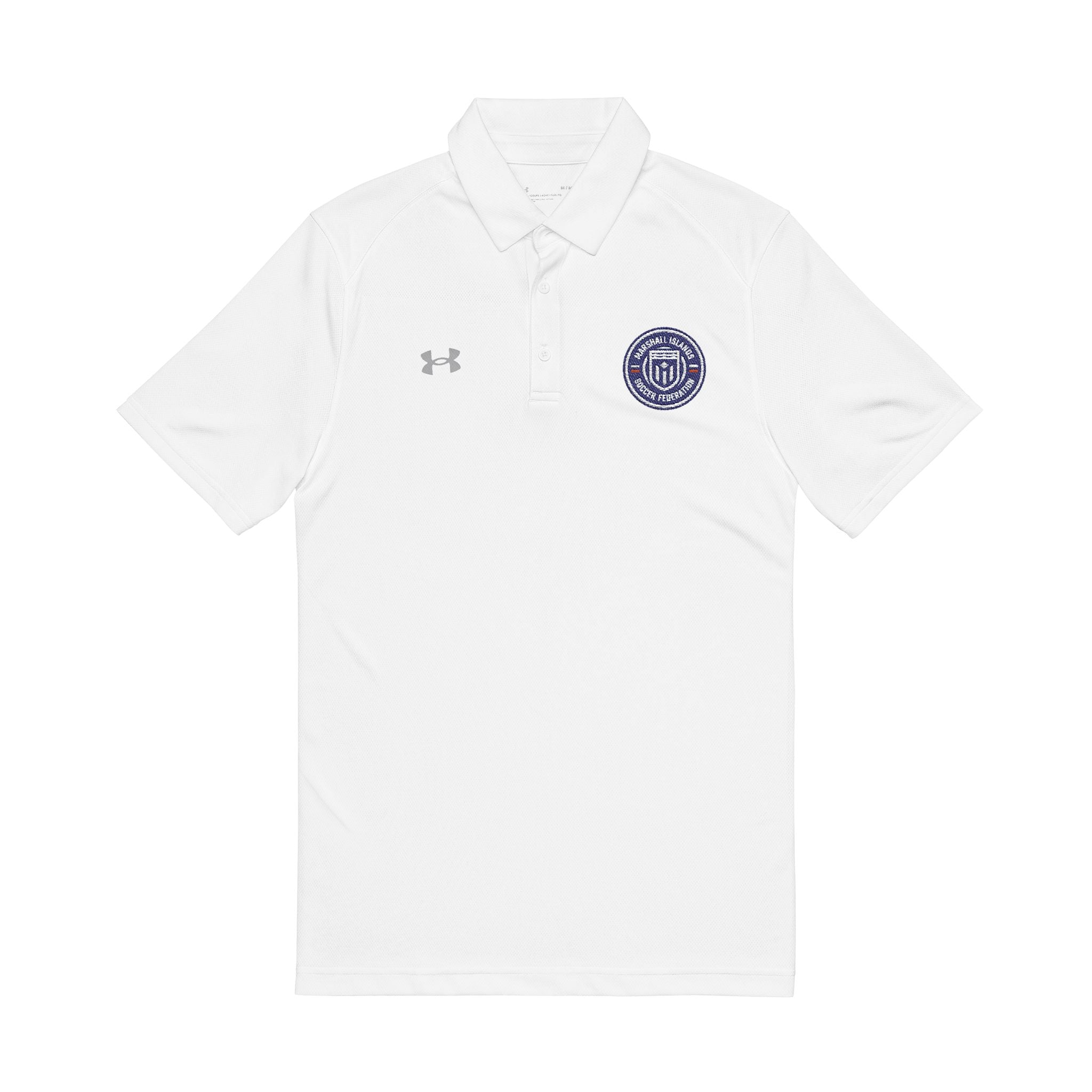 Embroidered White Performance Polo — Navy Circular Crest