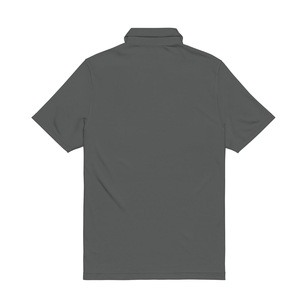 Embroidered White Performance Polo — Navy Circular Crest