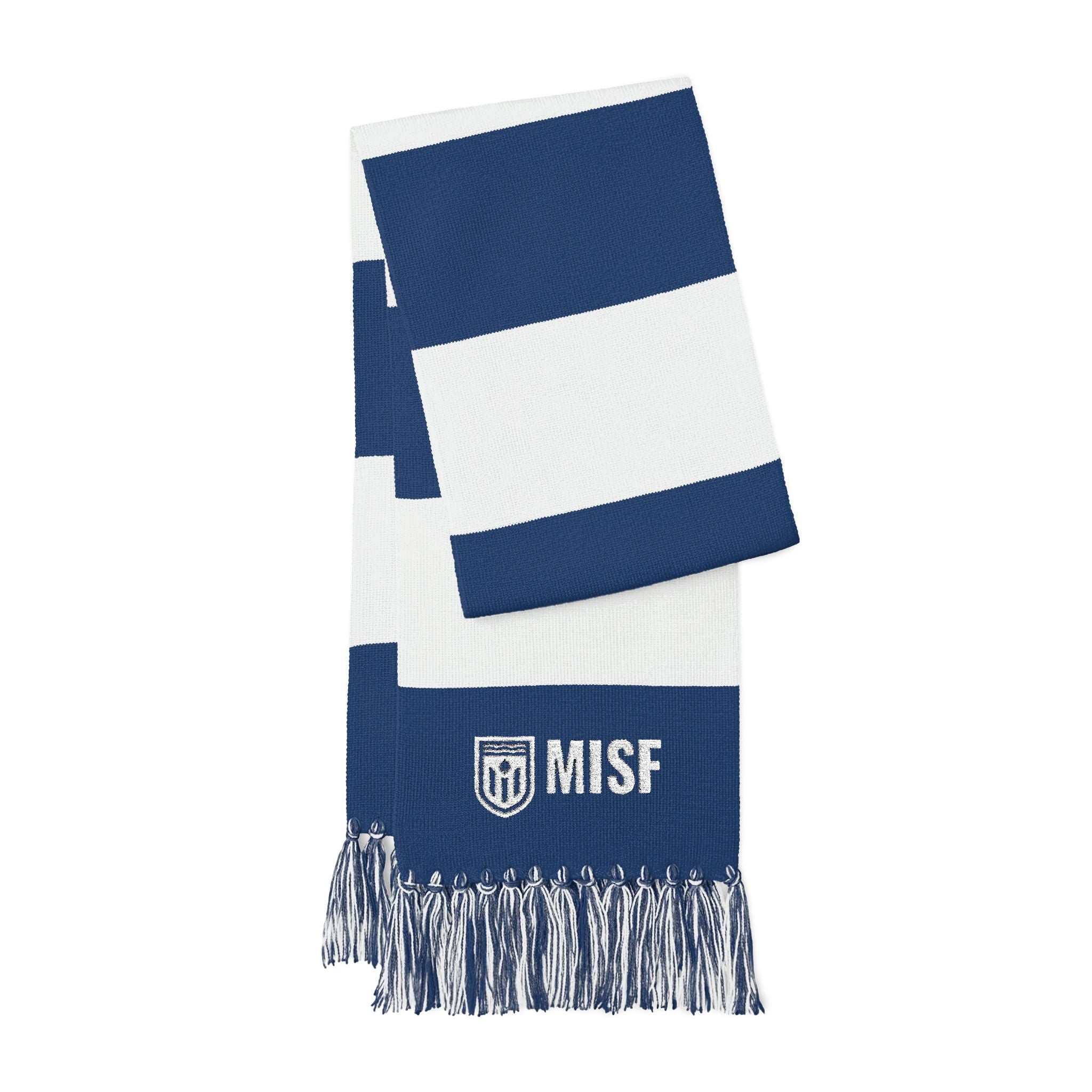 Navy & White Striped Embroidered Spectator Scarf — MISF Logo Fan Scarf