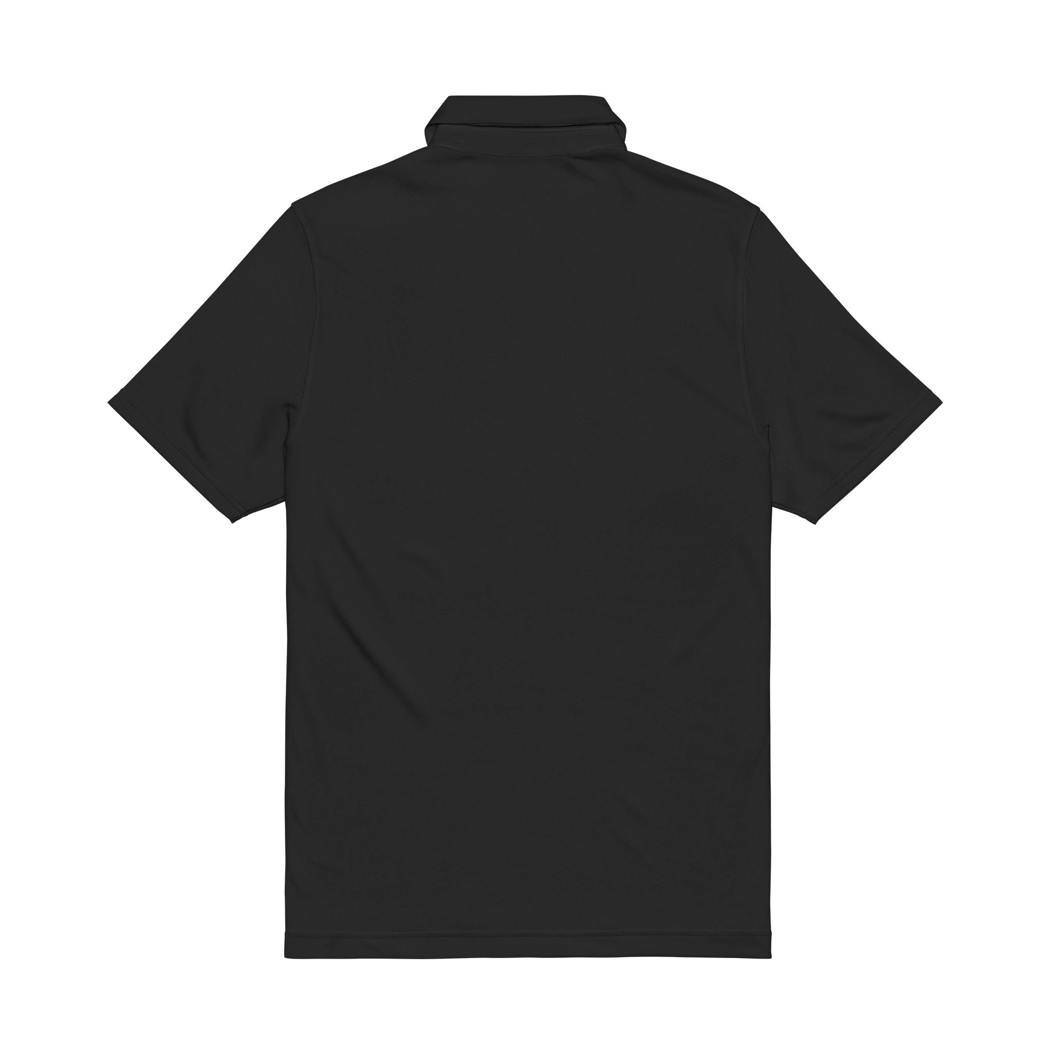 Embroidered White Performance Polo — Navy Circular Crest