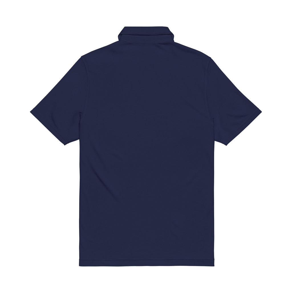 Embroidered White Performance Polo — Navy Circular Crest
