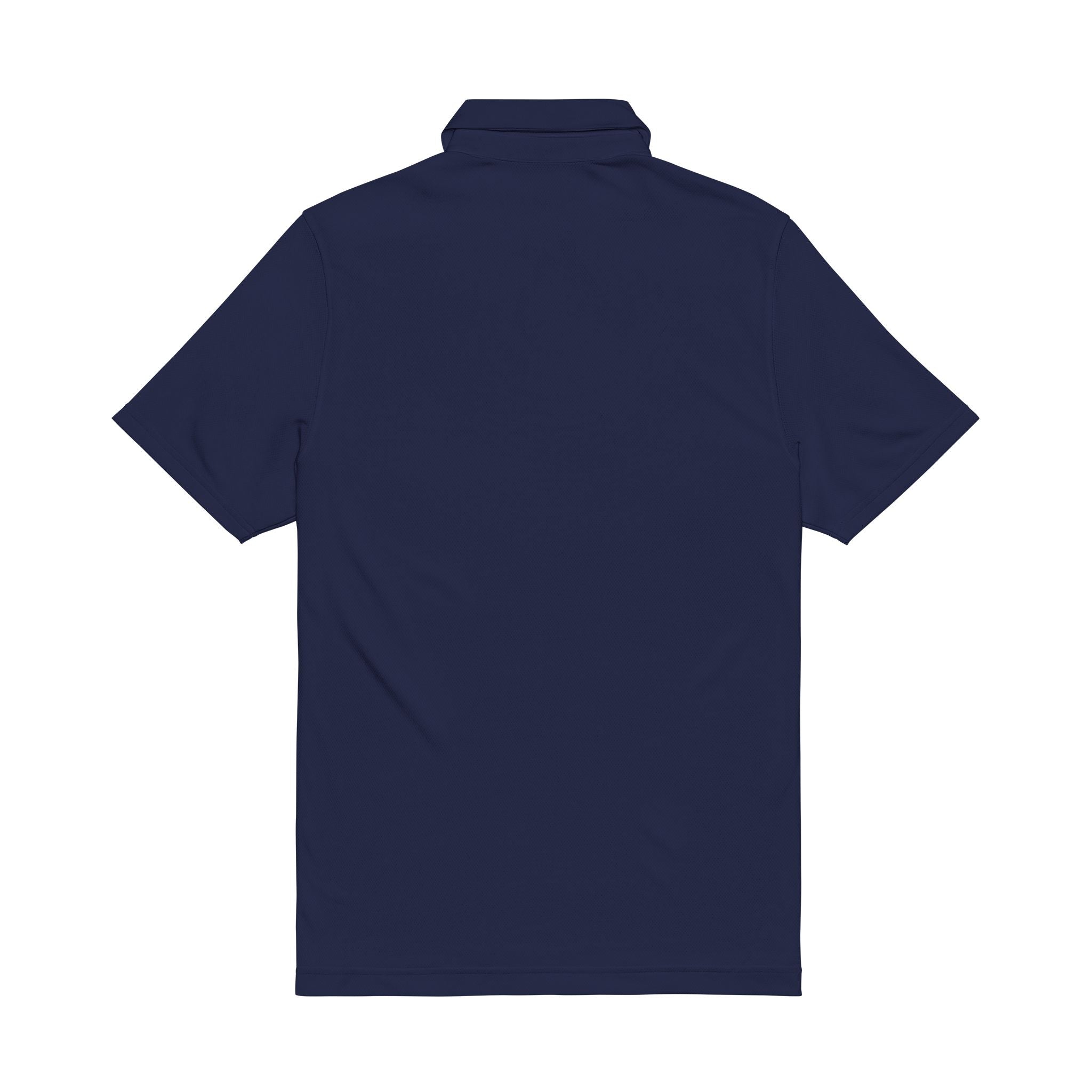 Embroidered White Performance Polo — Navy Circular Crest