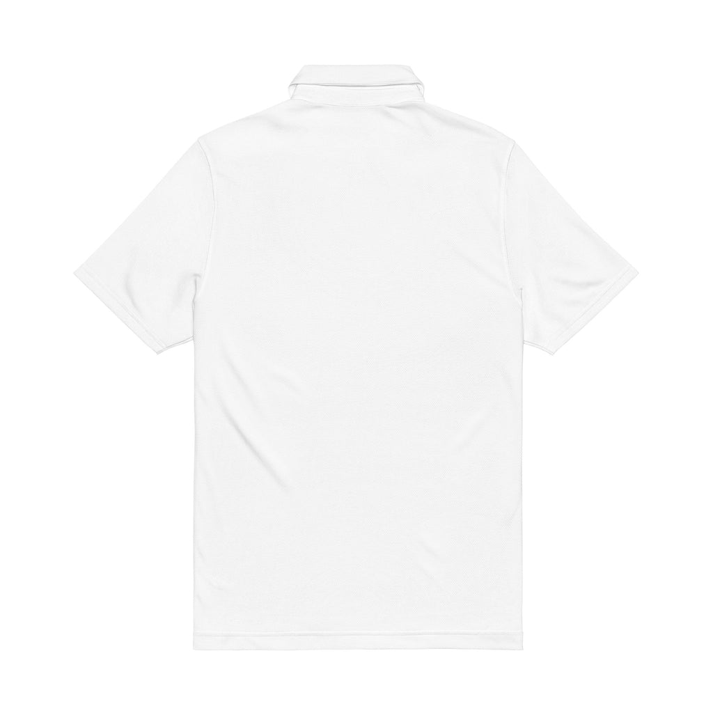 Embroidered White Performance Polo — Navy Circular Crest