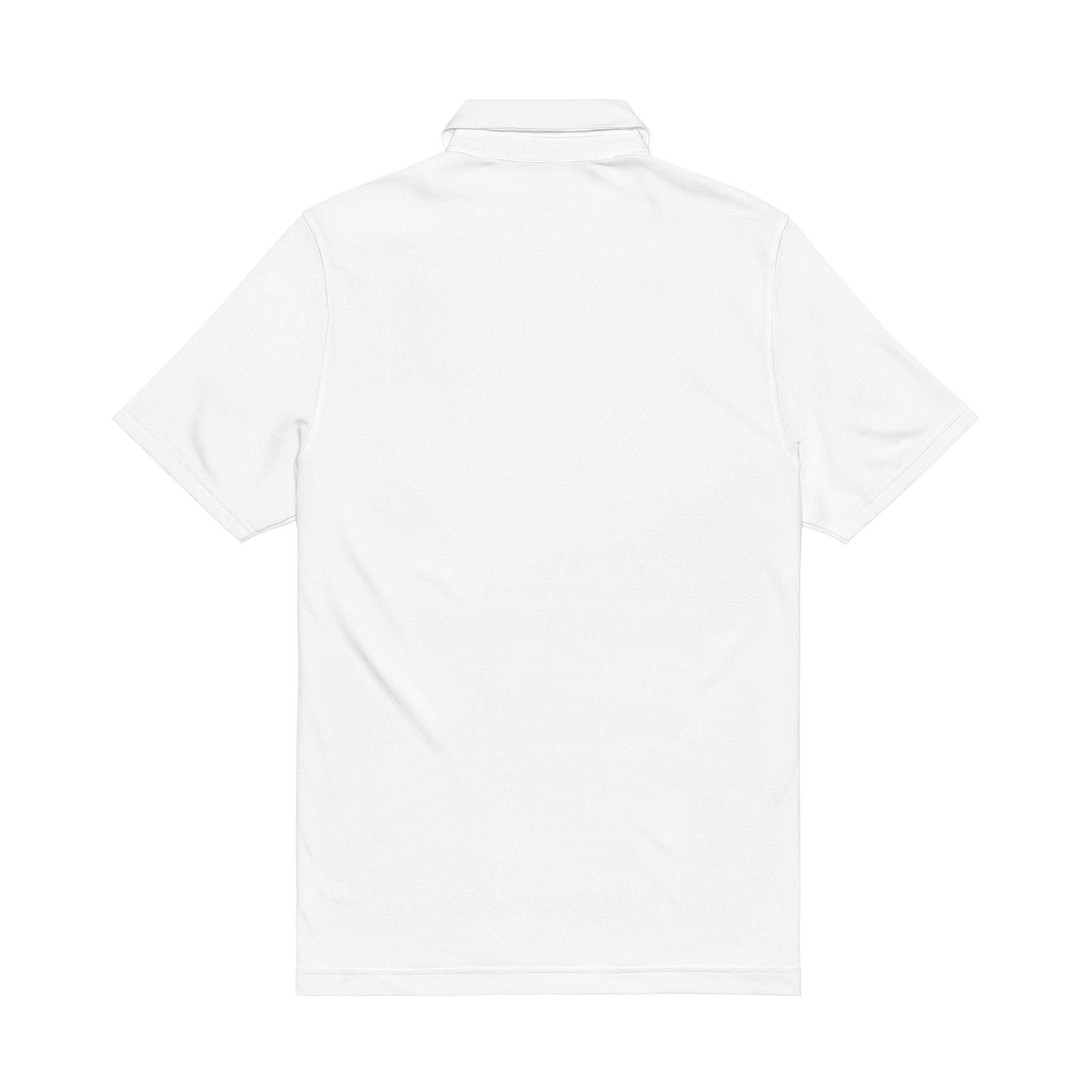 Embroidered White Performance Polo — Navy Circular Crest