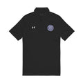 Embroidered White Performance Polo — Navy Circular Crest