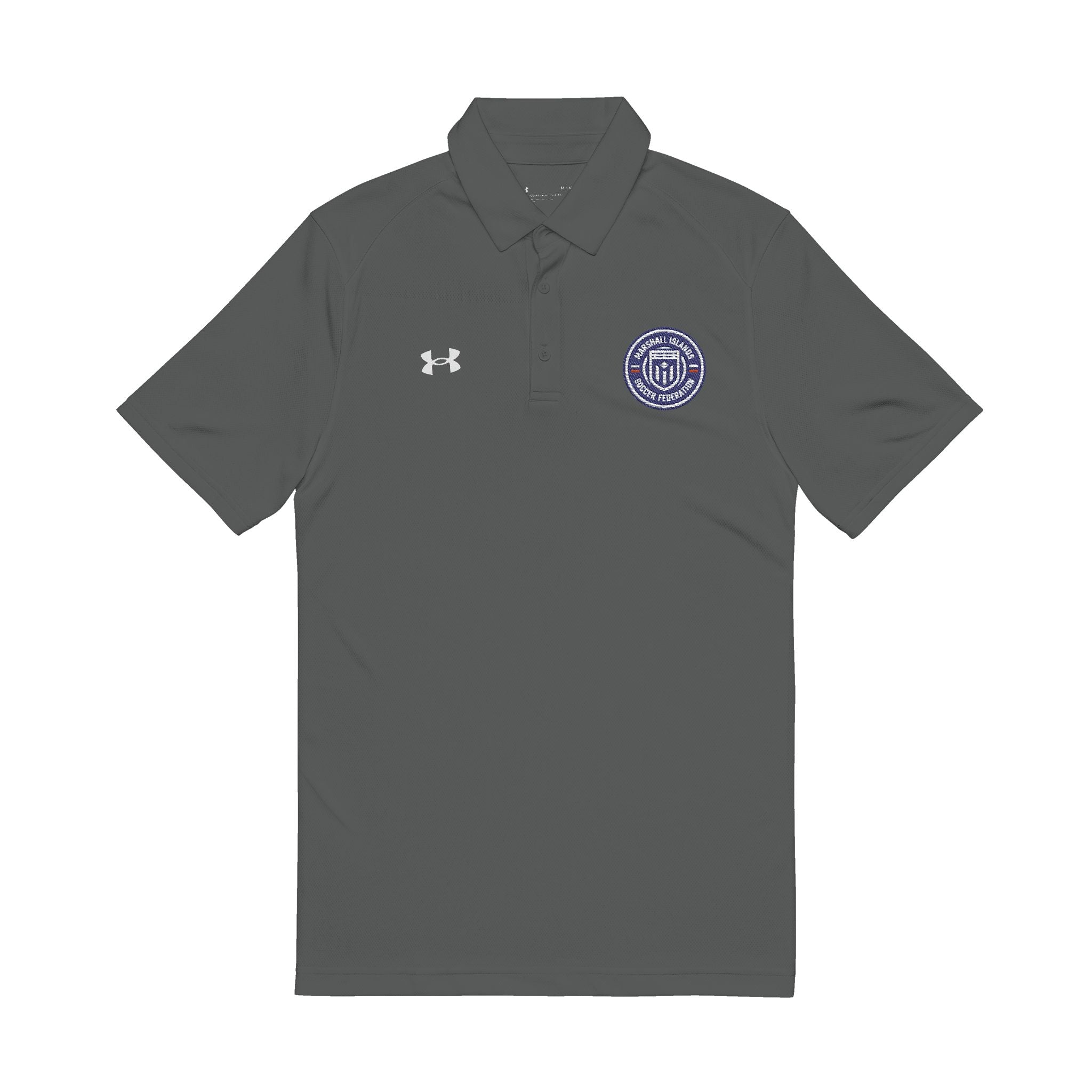 Embroidered White Performance Polo — Navy Circular Crest